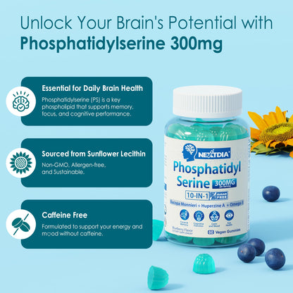 Phosphatidylserine - Nootropic Brian Supplement, Focus & Energy Gummies+ Bacopa Monnieri, Omega 3, Huperzine A, Methyl B12 & B6 for Seniors, Gamers, Workers, Non-GMO, Caffeine-Free, Sugar Free, 2 Pack - Maple Wellness Supplements