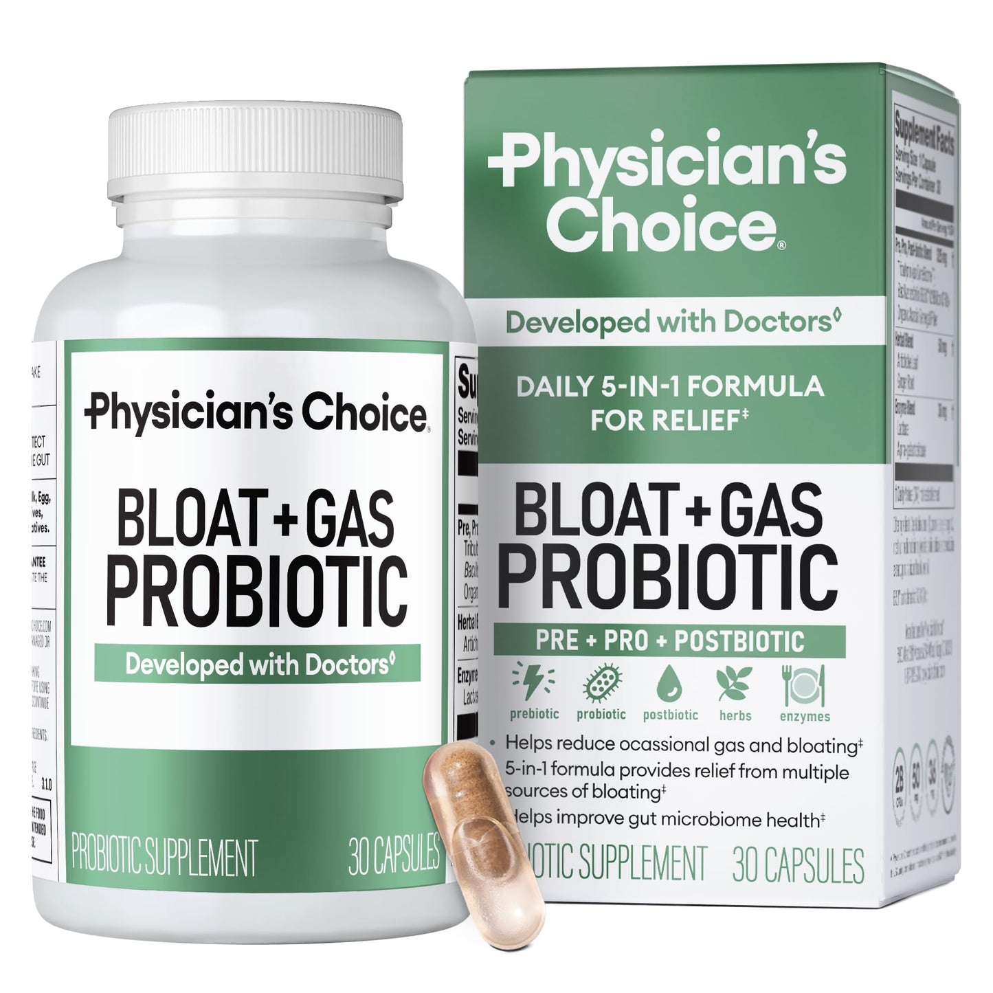 Physician's CHOICE Bloat & Gas Probiotic 5-in-1 Proactive Support + Daily Relief - Digestion & Gut Health- Herbals, Digestive Enzymes, Post & Prebiotics - Maple Wellness Supplements