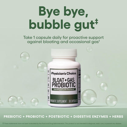 Physician's CHOICE Bloat & Gas Probiotic 5-in-1 Proactive Support + Daily Relief - Digestion & Gut Health- Herbals, Digestive Enzymes, Post & Prebiotics - Maple Wellness Supplements