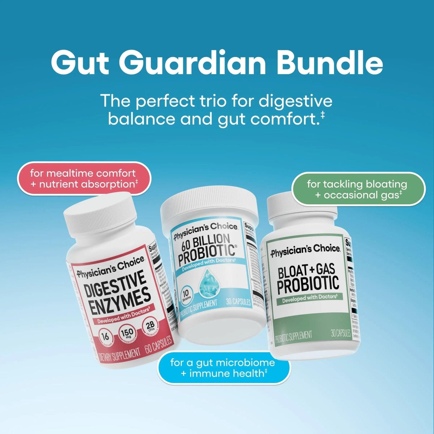 Physician's CHOICE Gut Guardian Bundle: Advanced Bloating & Digestion Support with 60 Billion Probiotic, Digestive Enzymes & Bloat + Gas Probiotic - Daily Gut Health Support for Women and Men - Maple Wellness Supplements