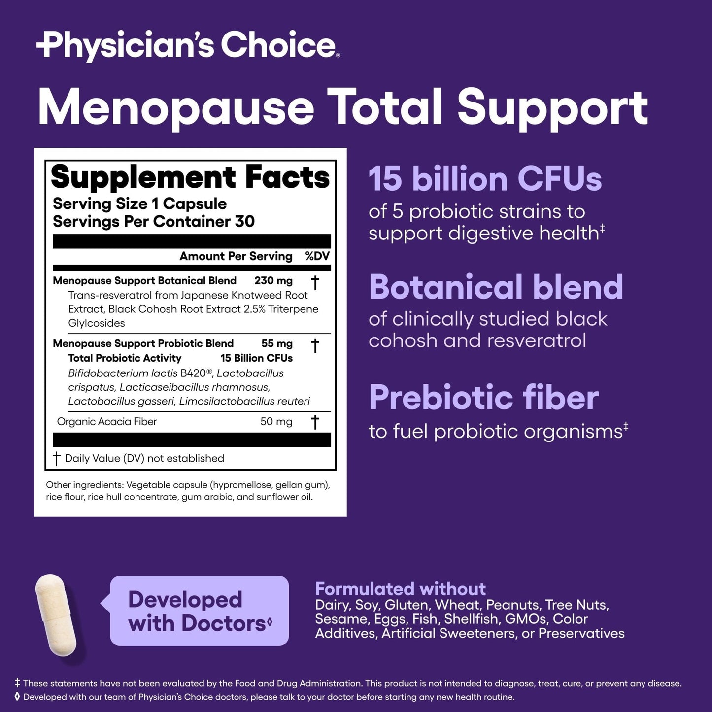 Physician's CHOICE Menopause Probiotic Supplement for Women - Supports Hormone Balance, Hot Flashes, Night Sweats, Weight Management, Bloating & Gut Health - with Black Cohosh, Resveratrol+ - 30ct - Maple Wellness Supplements
