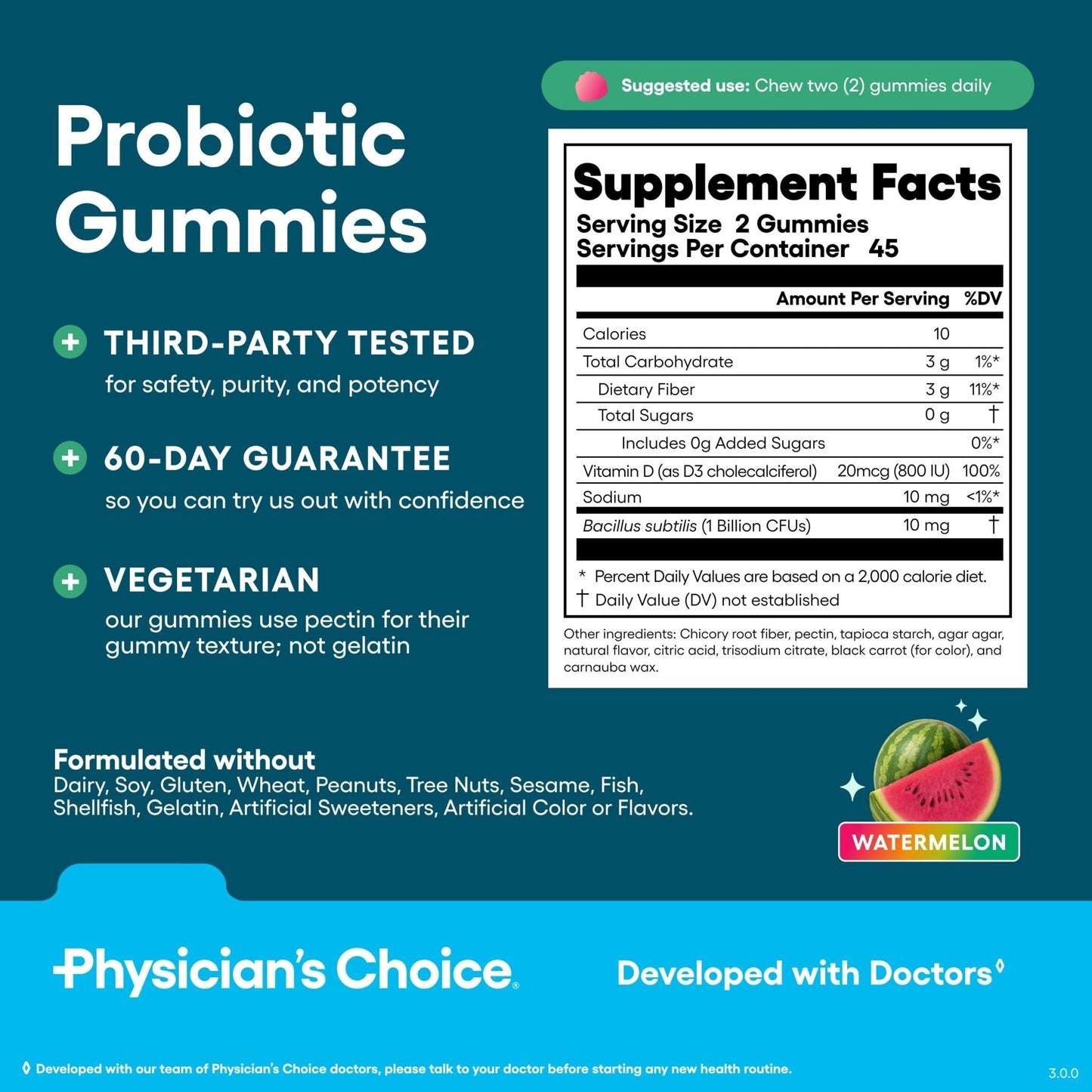 Physician's CHOICE Probiotic Gummies with Vitamin D & Prebiotic Fiber - Sugar Free - 1B CFUs of Clinically Studied Probiotic - Supports Immune & Gut Health - Maple Wellness Supplements