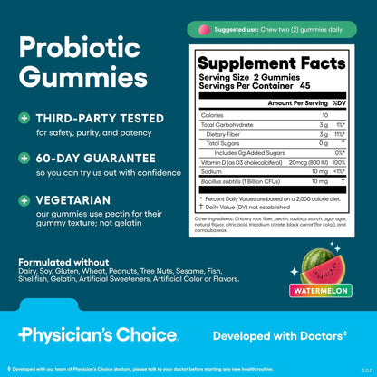 Physician's CHOICE Probiotic Gummies with Vitamin D & Prebiotic Fiber - Sugar Free - 1B CFUs of Clinically Studied Probiotic - Supports Immune & Gut Health - Maple Wellness Supplements