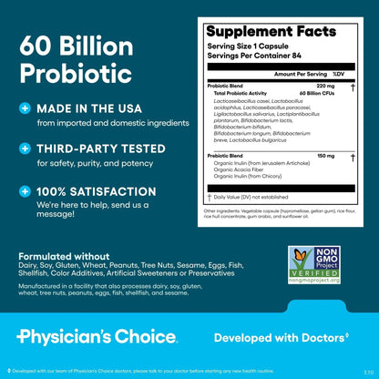 Physician's CHOICE Probiotics 60 Billion CFU - 10 Strains + Organic Prebiotics - Immune, Digestive & Gut Health - Supports Occasional Constipation, Diarrhea, Gas & Bloating - for Women & Men - 84ct - Maple Wellness Supplements