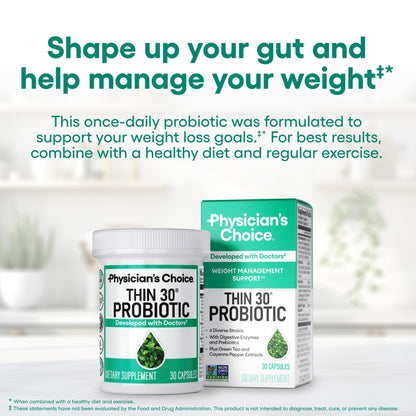 Physician's CHOICE Probiotics for Weight Management & Bloating - 6 Probiotic Strains - Prebiotics - Key ingredient Cayenne - Supports Gut Health - Weight Management for Women & Men - Green Tea - 30 CT - Maple Wellness Supplements