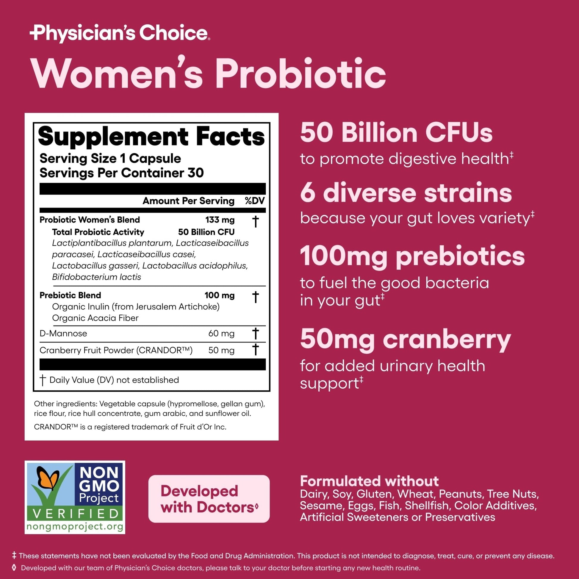 Physician's CHOICE Probiotics for Women - PH Balance, Digestive, UT, & Feminine Health - 50 Billion CFU - 6 Unique Strains for Her - Organic Prebiotics - Maple Wellness Supplements