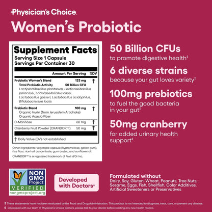 Physician's CHOICE Probiotics for Women - PH Balance, Digestive, UT, & Feminine Health - 50 Billion CFU - 6 Unique Strains for Her - Organic Prebiotics - Maple Wellness Supplements