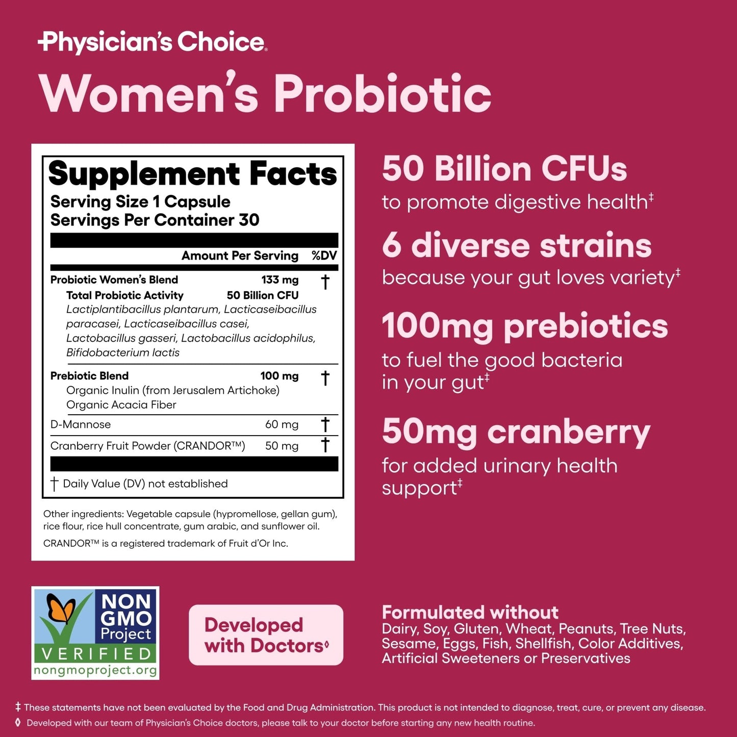 Physician's CHOICE Probiotics for Women - PH Balance, Digestive, UT, & Feminine Health - 50 Billion CFU - 6 Unique Strains for Her - Organic Prebiotics, Cranberry Extract+ - Women Probiotic - 30 CT - Maple Wellness Supplements