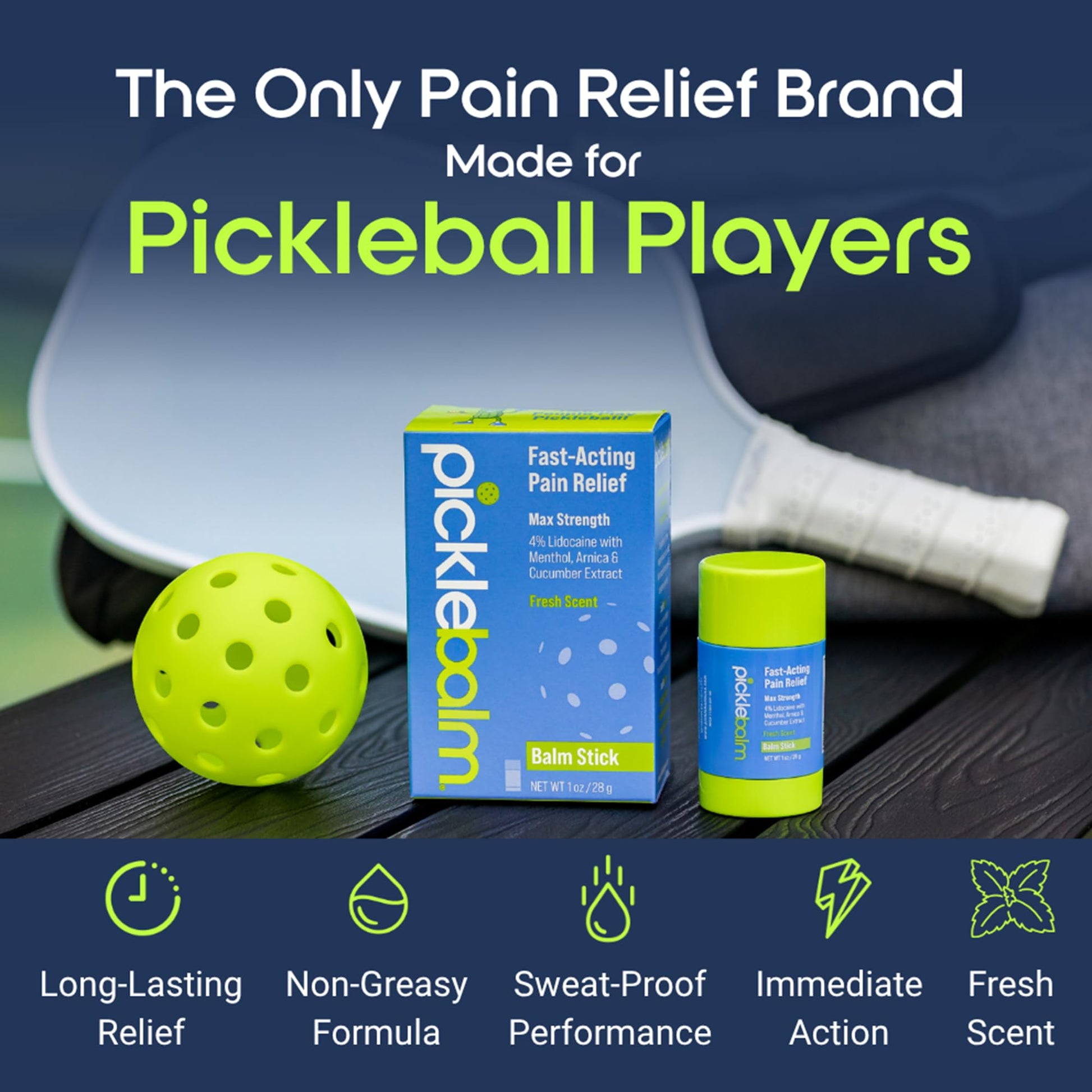 PickleBalm Pickleball In-Game Muscle Pain Relief Balm Stick with 4% Lidocaine, Arnica, Menthol, Cucumber Seed Extract for Shoulders, Knees, Wrists, and More, 1oz Stick - Maple Wellness Supplements