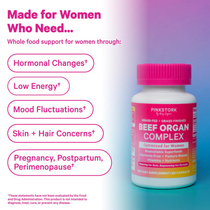 Pink Stork Beef Organ Supplement for Women | Grass-Fed Beef Liver Capsules with Iron, B12, CoQ10, Vitamin A | Primal Multivitamin for Female Hormone + Energy Support | 60 Capsules - Maple Wellness Supplements