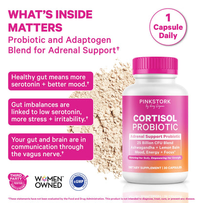 Pink Stork Cortisol Probiotic for Women – Mood and Adrenal Support Supplement – Ashwagandha, Lemon Balm, Chamomile, 25 Billion CFU – Gut Health, Energy, Focus – Lower Cortisol – 30 Capsules - Maple Wellness Supplements