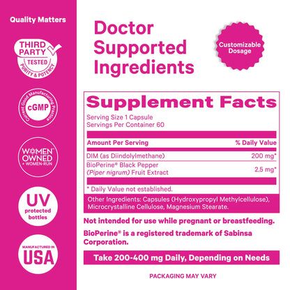 Pink Stork DIM Supplement for Women - Estrogen and Hormone Balance for Menopause, Perimenopause & PMS - DIM 200 mg Plus BioPerine for Mood Support - 60 Day Supply - Maple Wellness Supplements