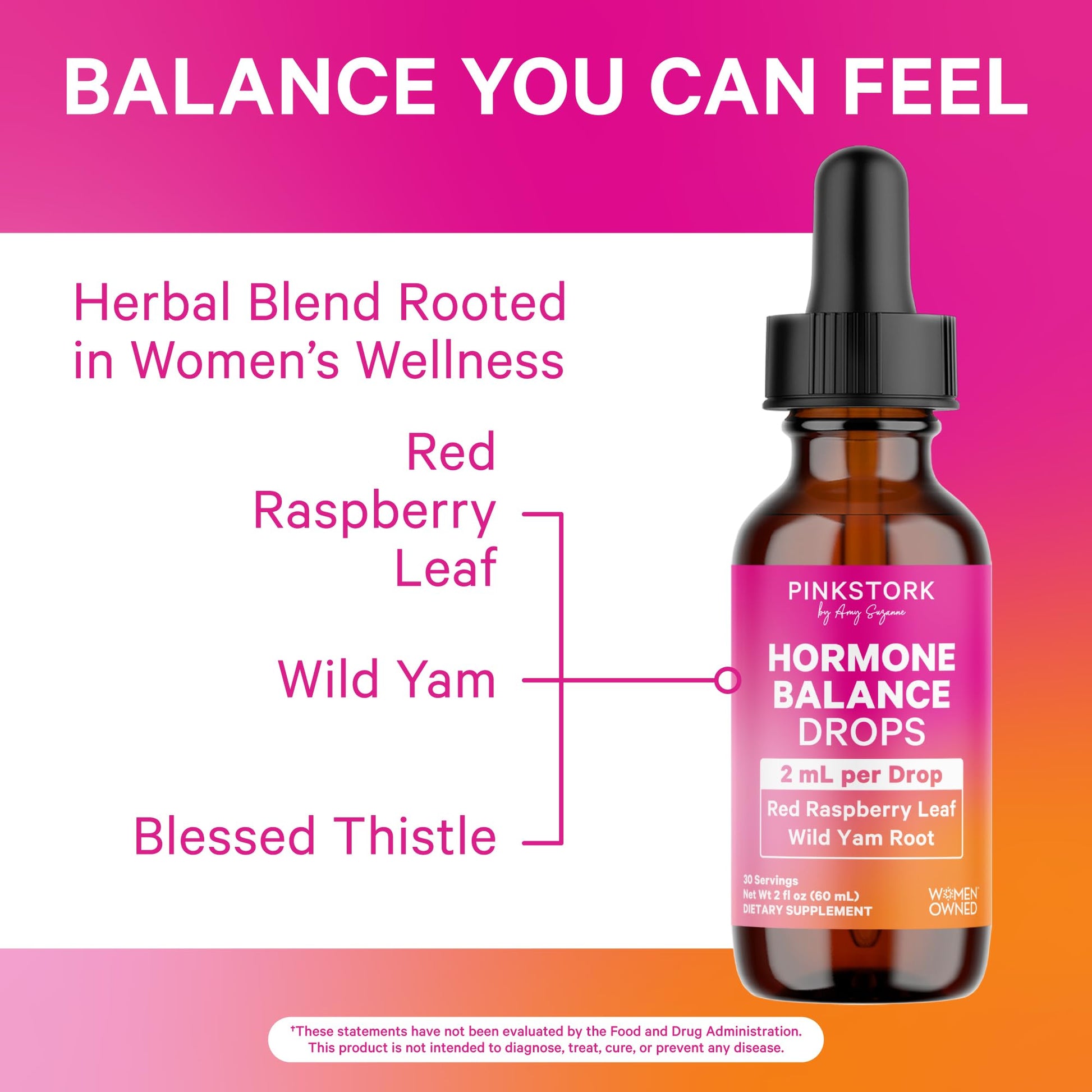 Pink Stork Hormone Balance Drops for Women - Supports Hormonal Health, PMS, Perimenopause & Mood, with Red Raspberry Leaf & Wild Yam - Liquid Supplement - Vegan, 2oz, 30 Servings - Maple Wellness Supplements