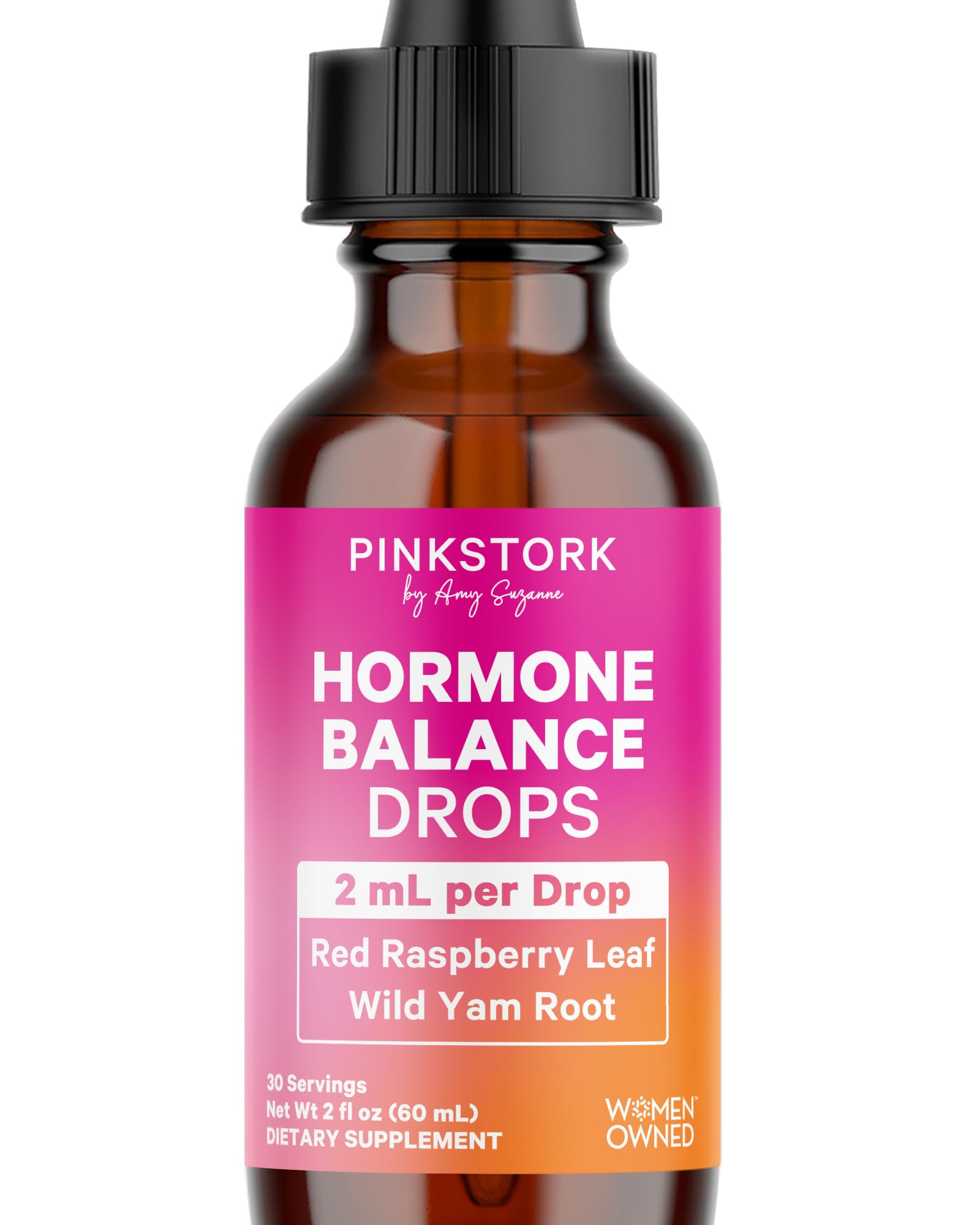 Pink Stork Hormone Balance Drops for Women - Supports Hormonal Health, PMS, Perimenopause & Mood, with Red Raspberry Leaf & Wild Yam - Liquid Supplement - Vegan, 2oz, 30 Servings - Maple Wellness Supplements