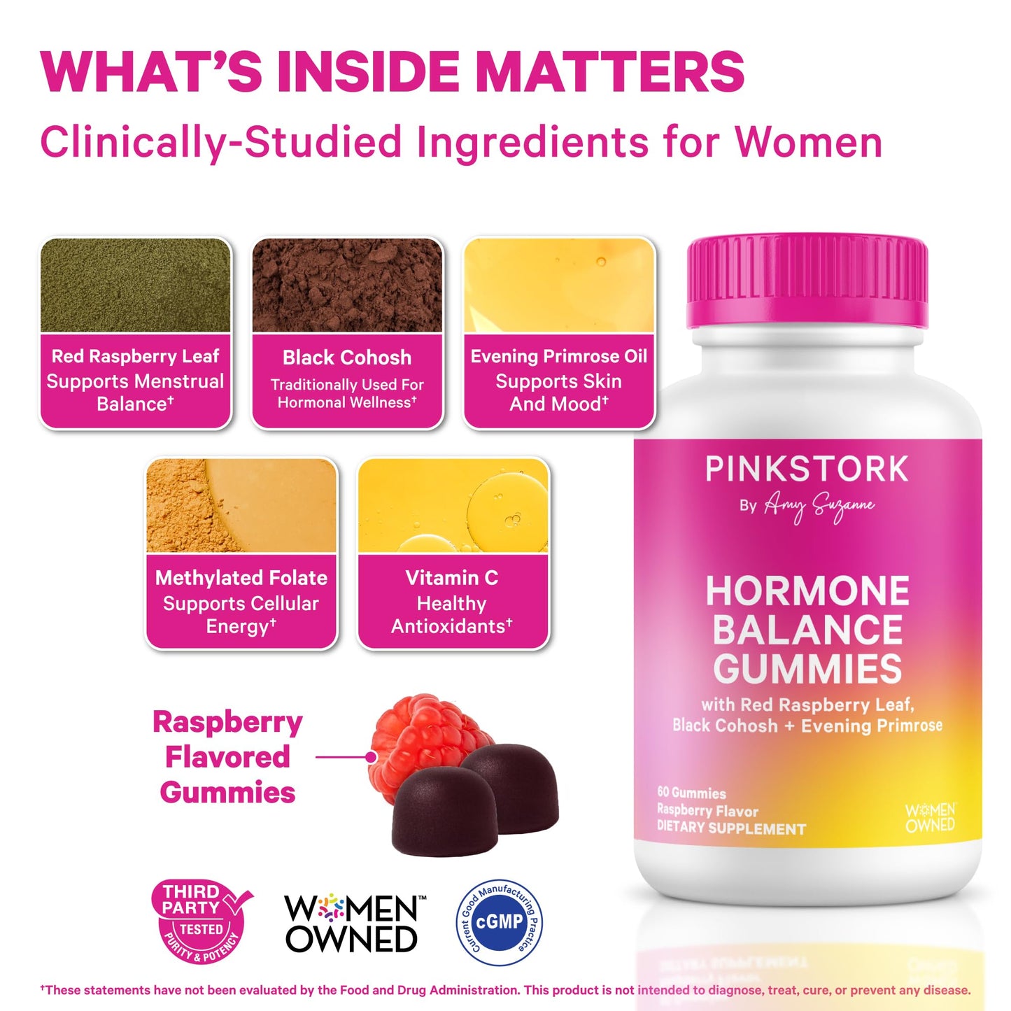 Pink Stork Hormone Balance Gummies for Women – PMS, Menopause & Estrogen Support – Mood, Bloating, Hot Flashes & Energy – Red Raspberry Leaf, Black Cohosh, Primrose – 60 Vegan Gummies - Maple Wellness Supplements