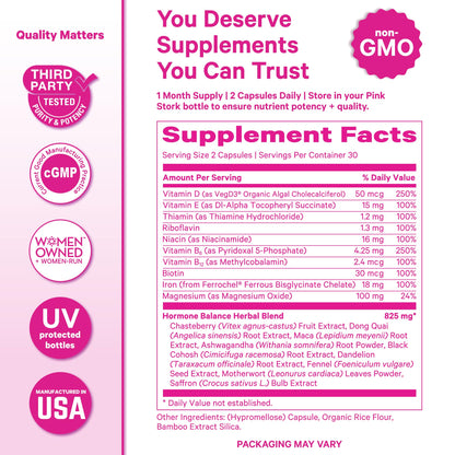 Pink Stork Hormone Balance Multivitamin for Women | 18-in-1 Vitex, Saffron, Ashwagandha, Magnesium | Mood, Energy, Cortisol, Adrenal Support | PMS, Perimenopause Support | 60 Vegan Capsules - Maple Wellness Supplements