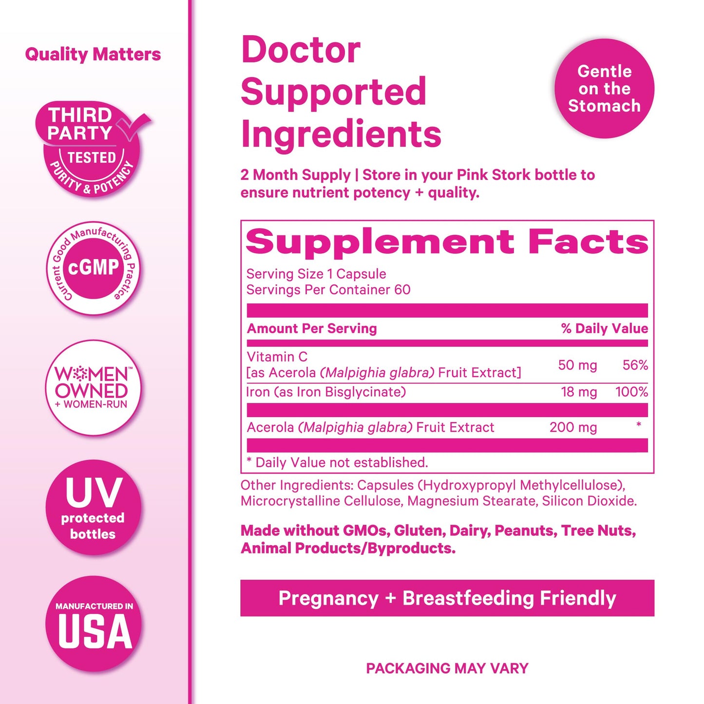 Pink Stork Iron for Women – 18 mg Non-Constipating Iron Bisglycinate + Vitamin C for Optimal Absorption – Energy, Focus, & Oxygen Supply – PMS, Pregnancy, Postpartum & Perimenopause - 60 Capsules - Maple Wellness Supplements