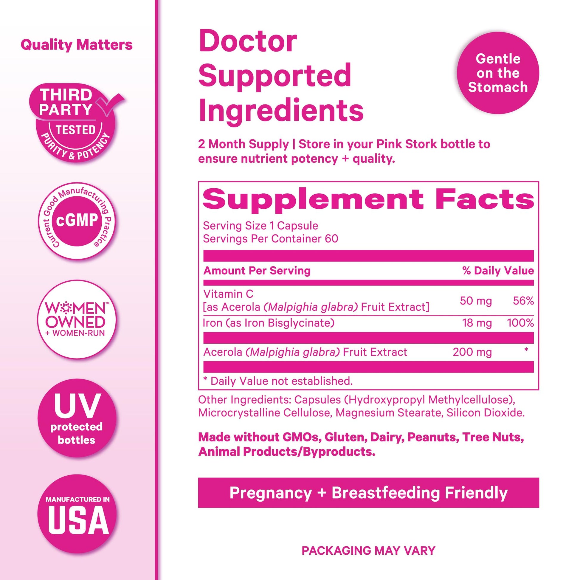 Pink Stork Iron for Women – 18 mg Non-Constipating Iron Bisglycinate + Vitamin C for Optimal Absorption – Energy, Focus, & Oxygen Supply – PMS, Pregnancy, Postpartum & Perimenopause - 60 Capsules - Maple Wellness Supplements
