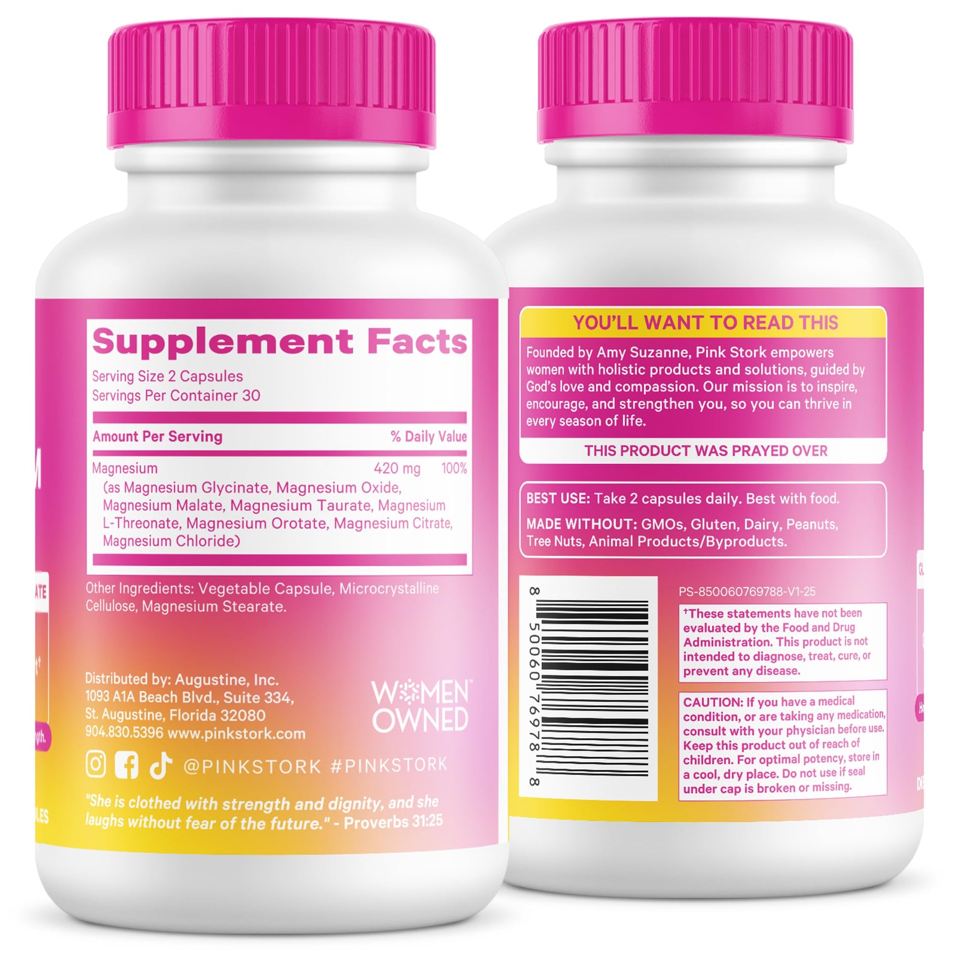 Pink Stork Magnesium Complex for Women - 8 Forms Including Glycinate, Malate, Citrate & L-Threonate - Stress, Sleep, Muscle & Hormone Support - 400 mg Elemental Magnesium - 60 Vegan Capsules - Maple Wellness Supplements