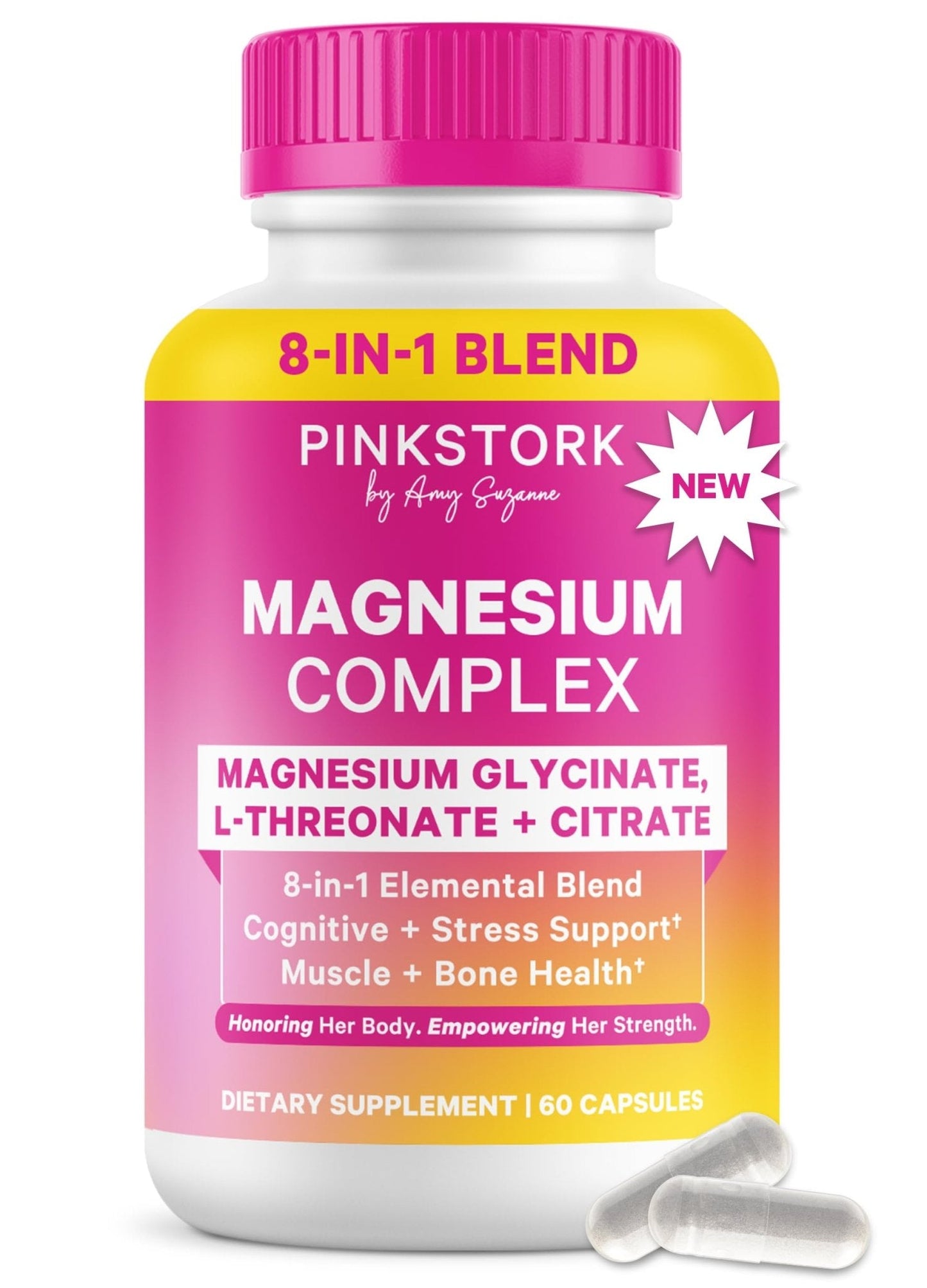 Pink Stork Magnesium Complex for Women - 8 Forms Including Glycinate, Malate, Citrate & L-Threonate - Stress, Sleep, Muscle & Hormone Support - 400 mg Elemental Magnesium - 60 Vegan Capsules - Maple Wellness Supplements