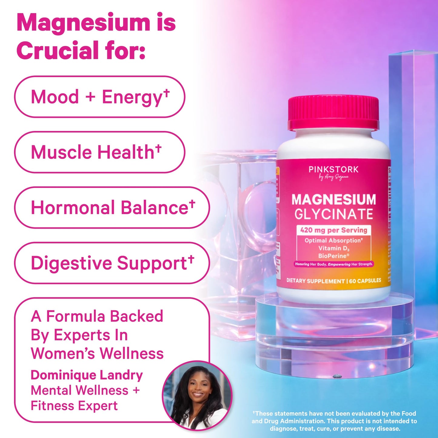 Pink Stork Magnesium Glycinate with Vitamin D - Magnesium Supplement for Women to Support Natural Calm, Mood, and Sleep - Hormone Balance for Women - Maple Wellness Supplements