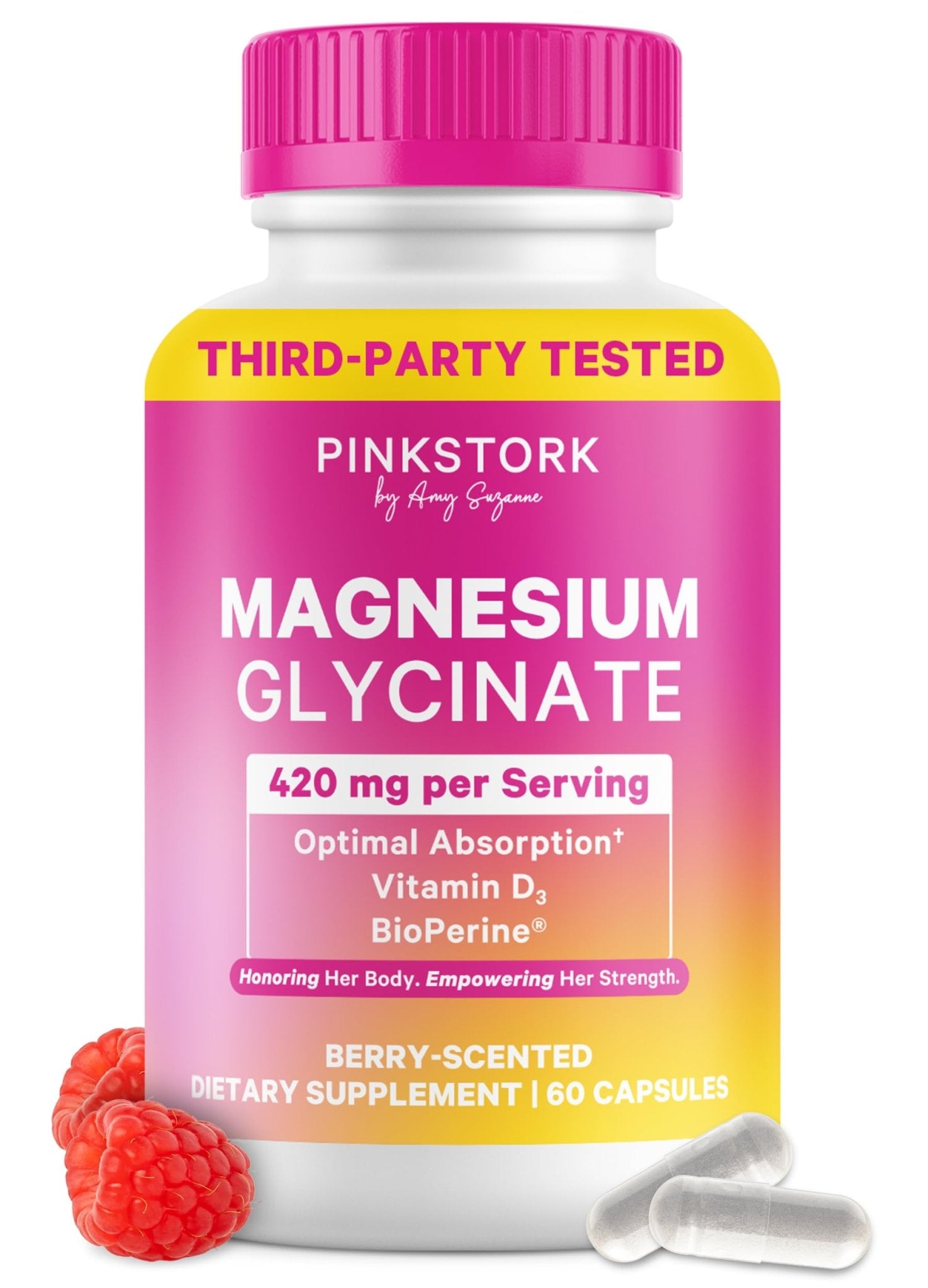 Pink Stork Magnesium Glycinate with Vitamin D - Magnesium Supplement for Women to Support Natural Calm, Mood, and Sleep - Hormone Balance for Women - 60 Capsules, Berry Essence, 1 Month Supply - Maple Wellness Supplements