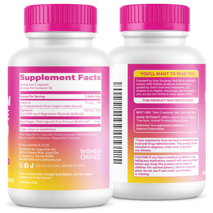 Pink Stork Magnesium Glycinate with Vitamin D - Magnesium Supplement for Women to Support Natural Calm, Mood, and Sleep - Hormone Balance for Women - 60 Capsules, Berry Essence, 1 Month Supply - Maple Wellness Supplements