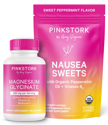 Pink Stork Mood and Stomach Relief Bundle - Magnesium Glycinate and Organic Peppermint Sweets for Morning Sickness and Motion Sickness, Mood Support - Maple Wellness Supplements