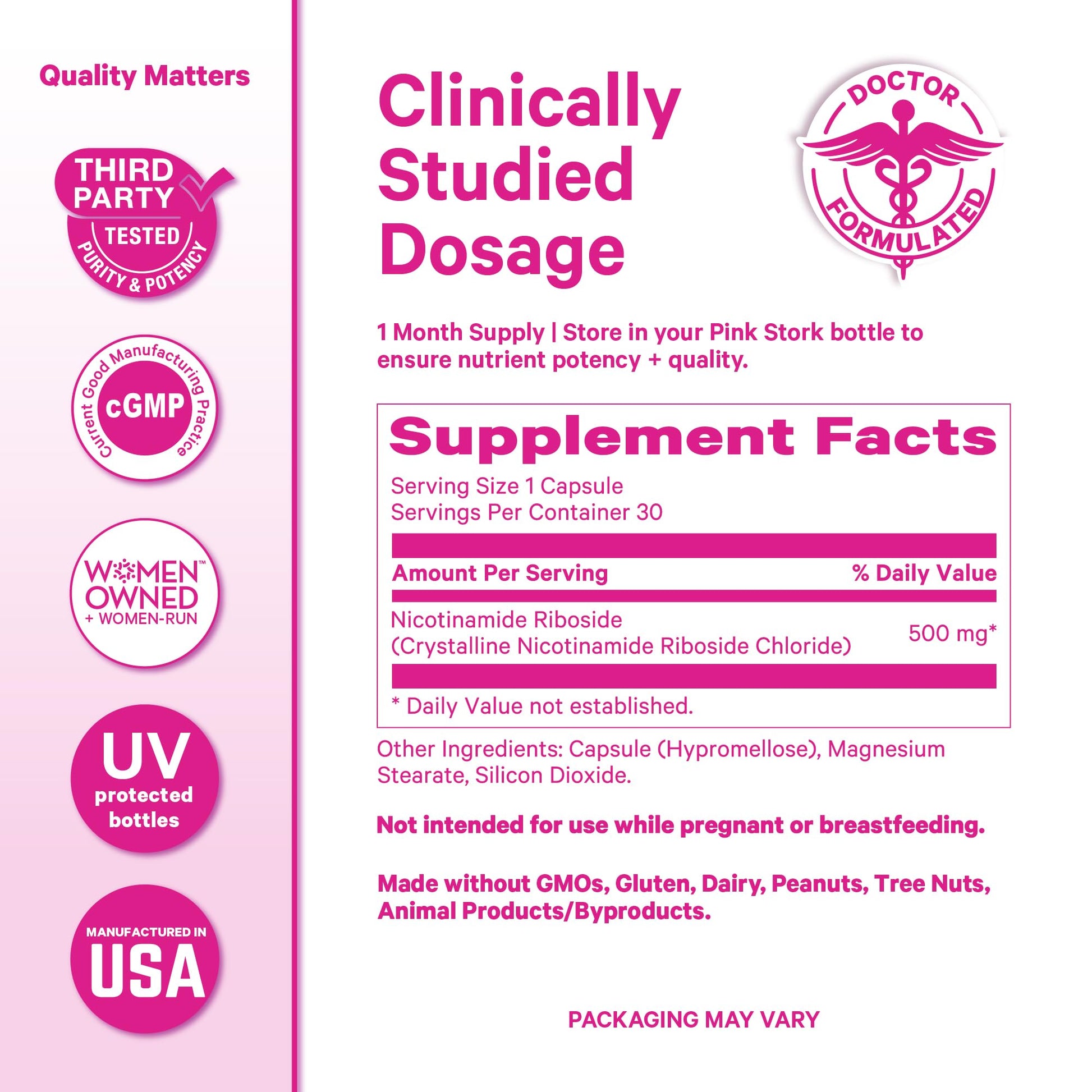 Pink Stork NAD+ Supplement for Women | 500mg Nicotinamide Riboside NR | Clinically-Studied Pure NMN Powder | Brain + Cognitive Support |Energy, Skin Essentials Over 30 | 1 Month Supply - Maple Wellness Supplements