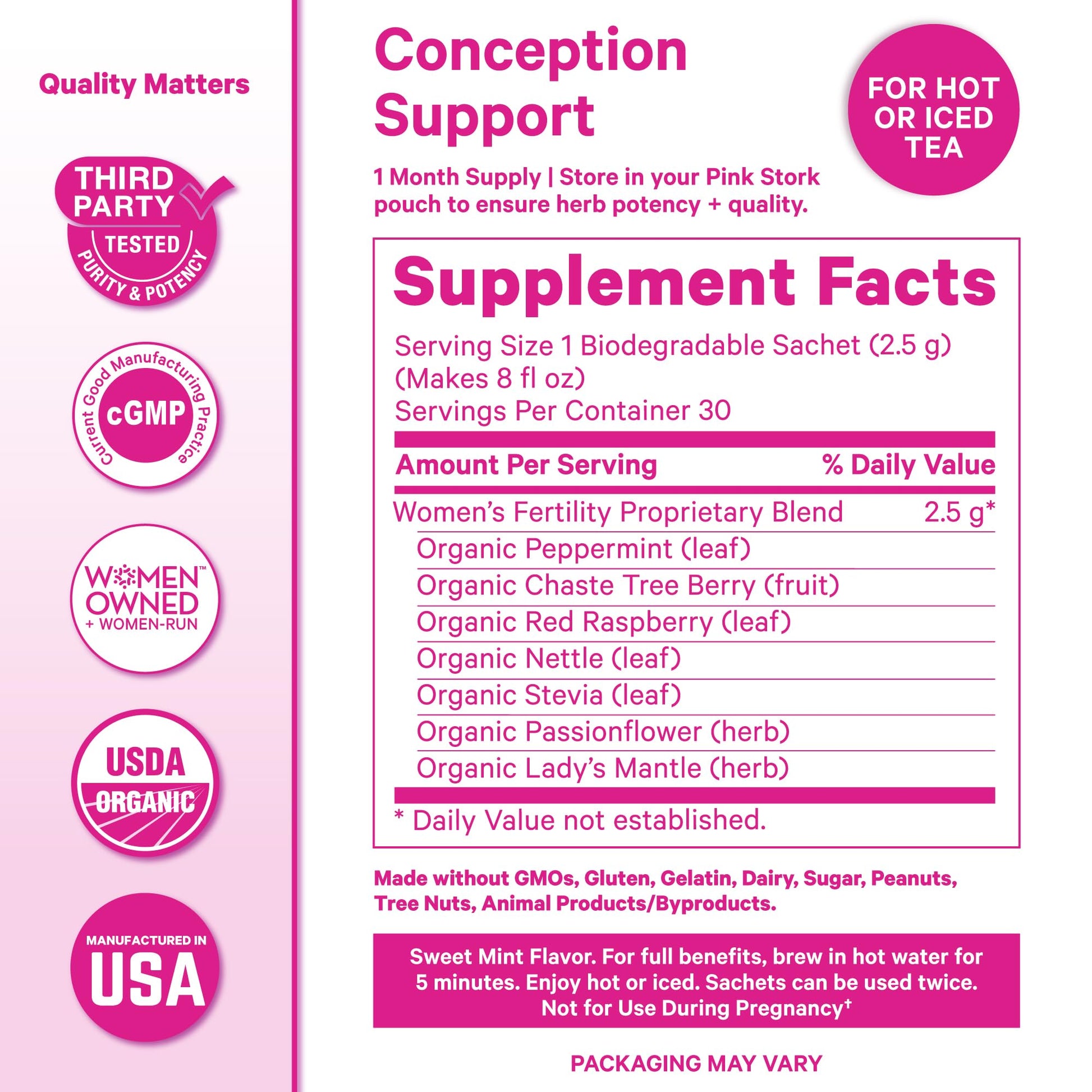 Pink Stork Organic Fertility Tea for Women | Fertility Supplements for Women with Chaste Tree Berry (Vitex) + Red Raspberry Leaf | Hormone Balance Herbal Tea for Conception Support | USDA Organic, Caffeine Free - Sweet Mint, 15 Sachets - Maple Wellness Supplements