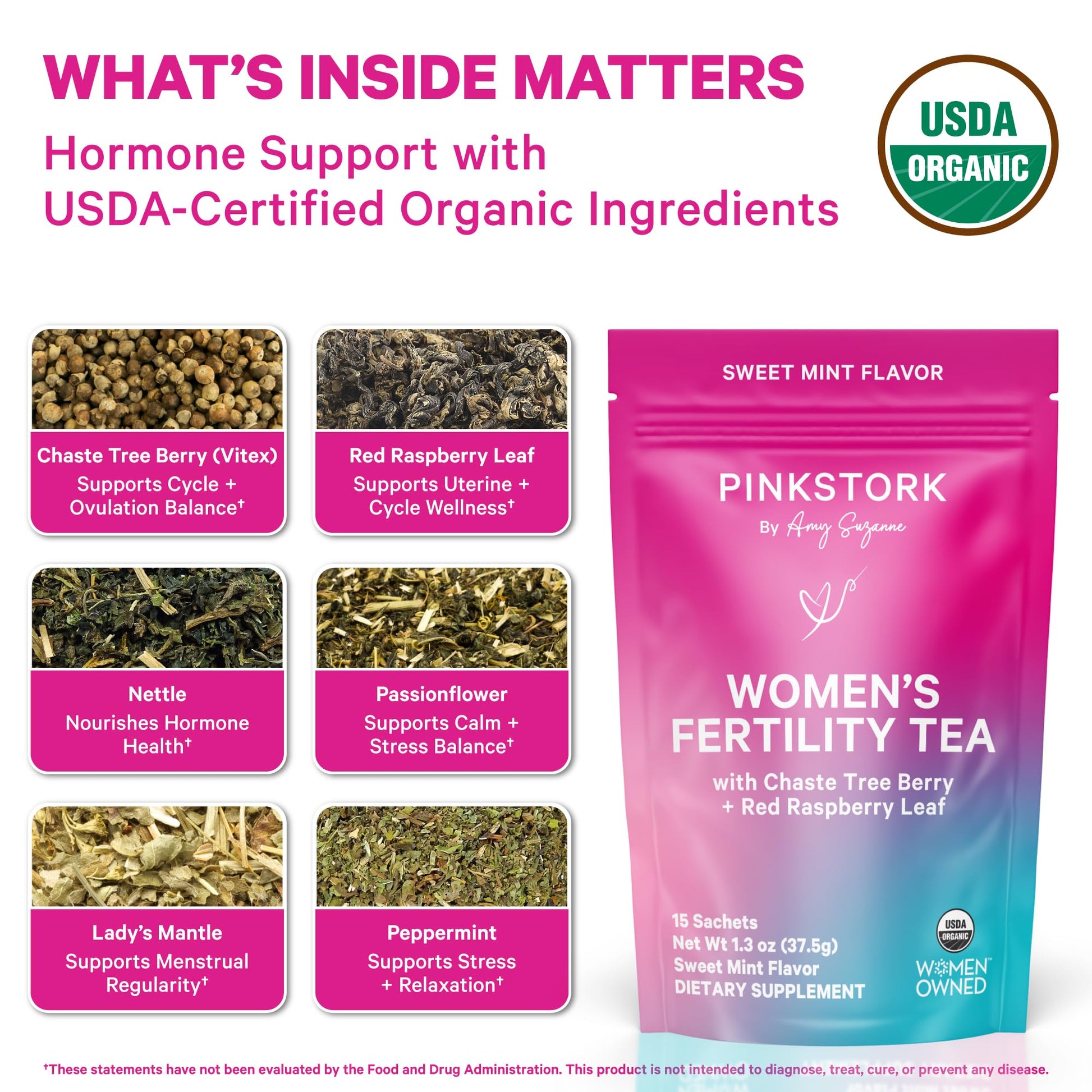 Pink Stork Organic Fertility Tea for Women | Fertility Supplements for Women with Chaste Tree Berry (Vitex) + Red Raspberry Leaf | Hormone Balance Herbal Tea for Conception Support | USDA Organic, Caffeine Free - Sweet Mint, 15 Sachets - Maple Wellness Supplements