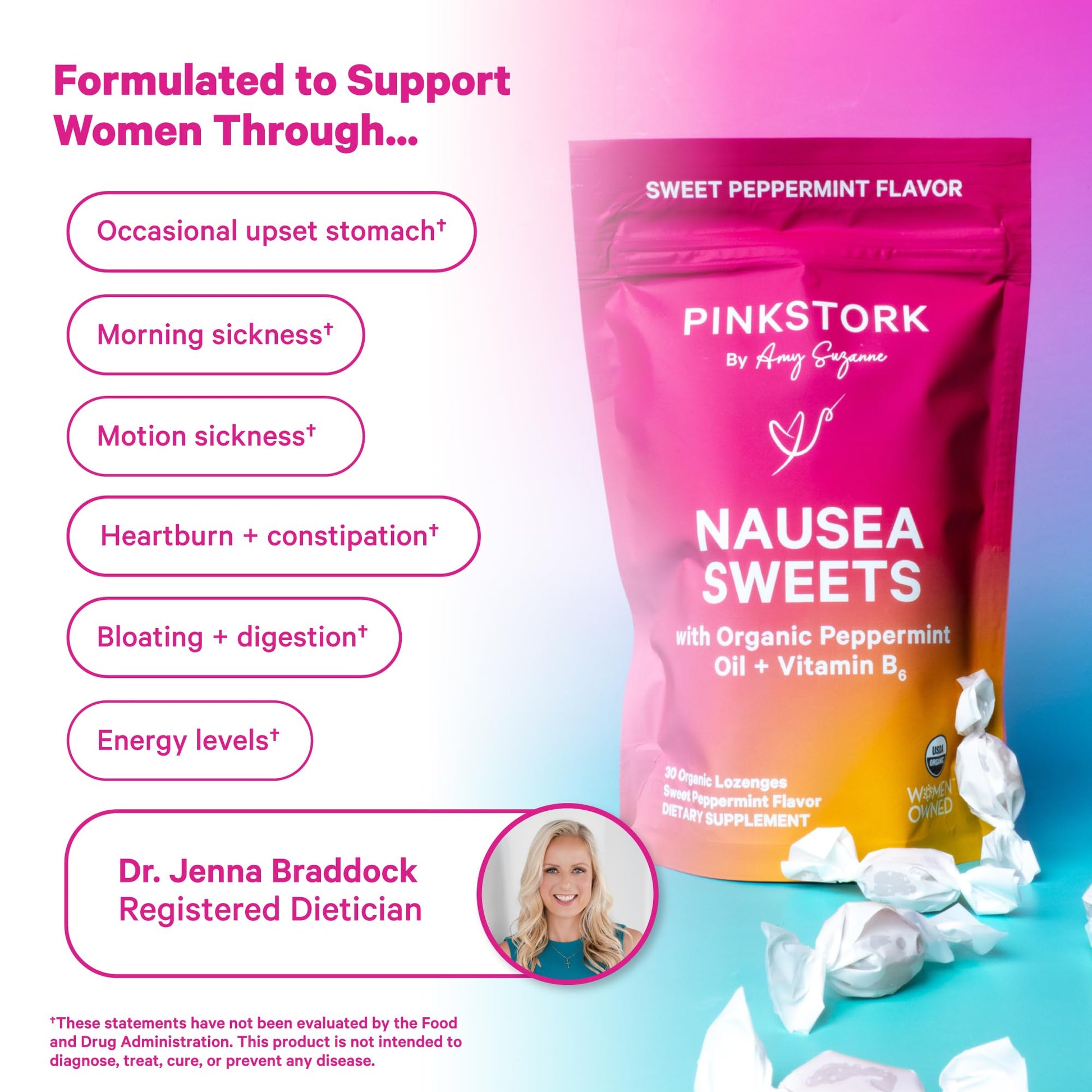 Pink Stork Organic Peppermint Sweets for Morning Sickness and Motion Sickness Support, Added Vitamin B6, 1st Trimester Pregnancy Must Haves - 30 Wrapped Peppermint Candies - Maple Wellness Supplements