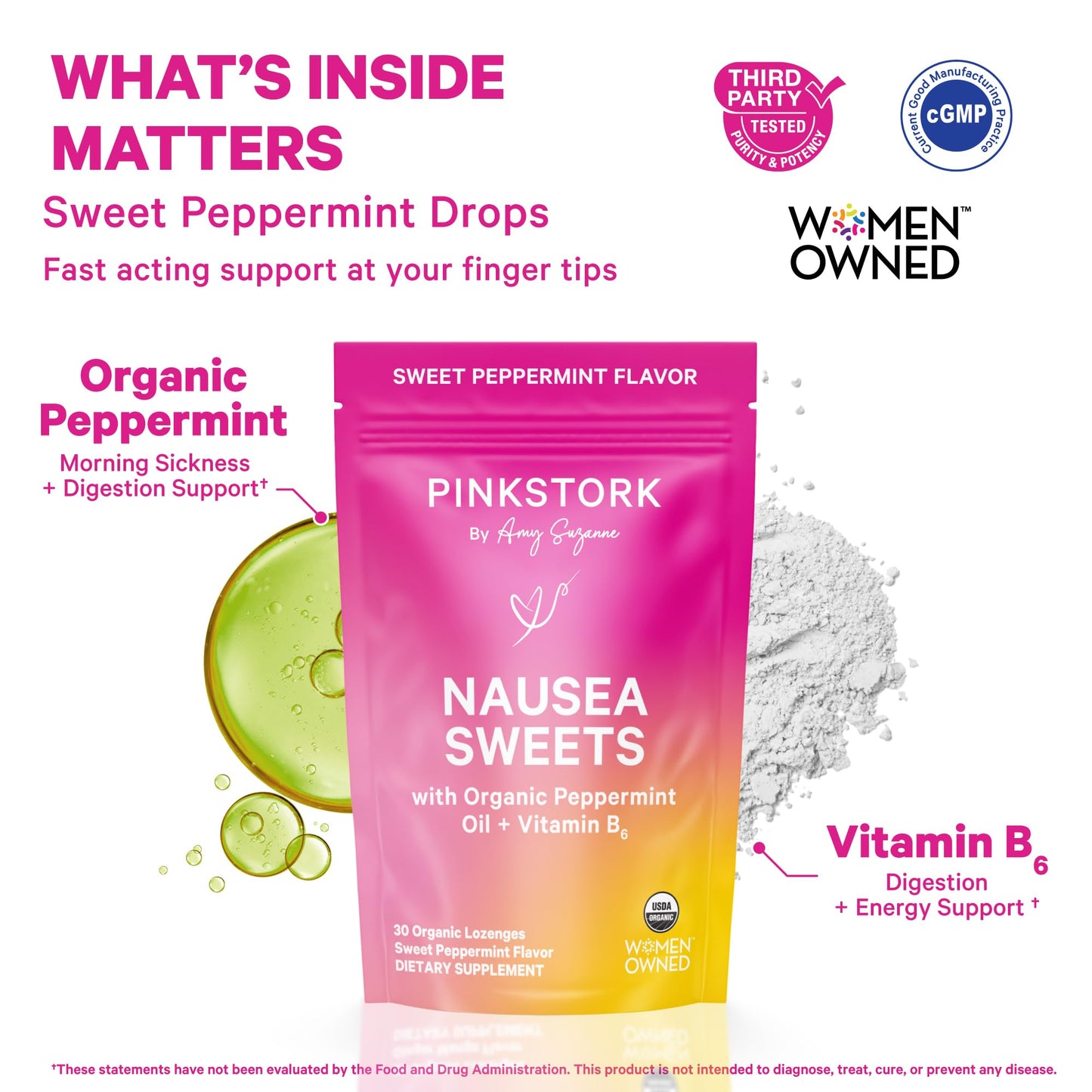 Pink Stork Organic Peppermint Sweets for Morning Sickness and Motion Sickness Support, Added Vitamin B6, 1st Trimester Pregnancy Must Haves - 30 Wrapped Peppermint Candies - Maple Wellness Supplements