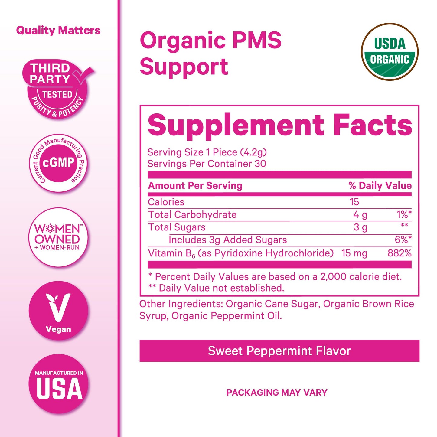 Pink Stork Organic PMS Support Sweets for Teens and Women - Simple & Natural Ingredients Vitamin B6 and Peppermint - Period, Digestion, Bloating, Mood Swings - 30 Drops - Maple Wellness Supplements