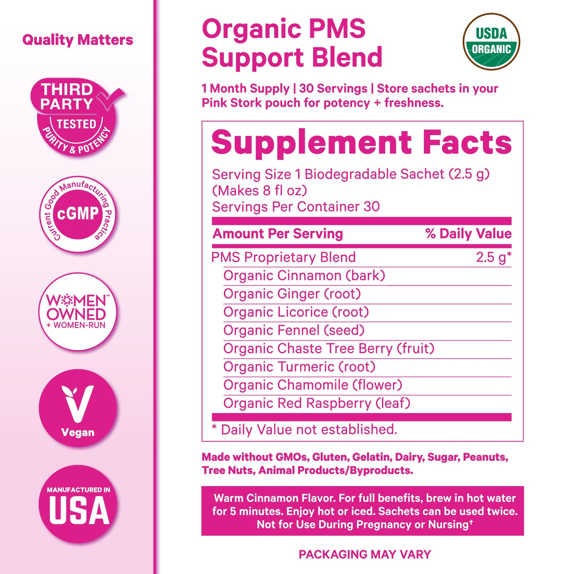 Pink Stork Organic PMS Tea for Hormone Balance, Mood Swings, Bloating, and Period Regularity - 8 Herbs - Vitex, Red Raspberry Leaf, Chamomile - Caffeine-Free - 15 Sachets, Hot or Iced - Maple Wellness Supplements