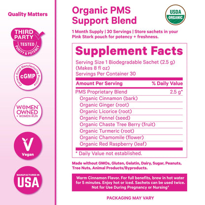Pink Stork Organic PMS Tea for Hormone Balance, Mood Swings, Bloating, and Period Regularity - 8 Herbs - Vitex, Red Raspberry Leaf, Chamomile - Caffeine-Free - 15 Sachets, Hot or Iced - Maple Wellness Supplements