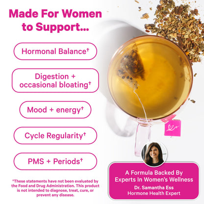 Pink Stork Organic PMS Tea for Hormone Balance, Mood Swings, Bloating, and Period Regularity - 8 Herbs - Vitex, Red Raspberry Leaf, Chamomile - Caffeine-Free - 15 Sachets, Hot or Iced - Maple Wellness Supplements