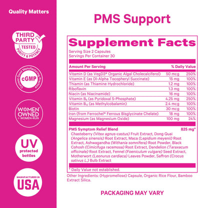 Pink Stork PMS Supplement for Women - Vitex, Ashwagandha, Maca Root & 10 Vitamins & Minerals to Support Hormone Balance, Mood, Bloating, Period Regularity - 60 Capsules - Maple Wellness Supplements