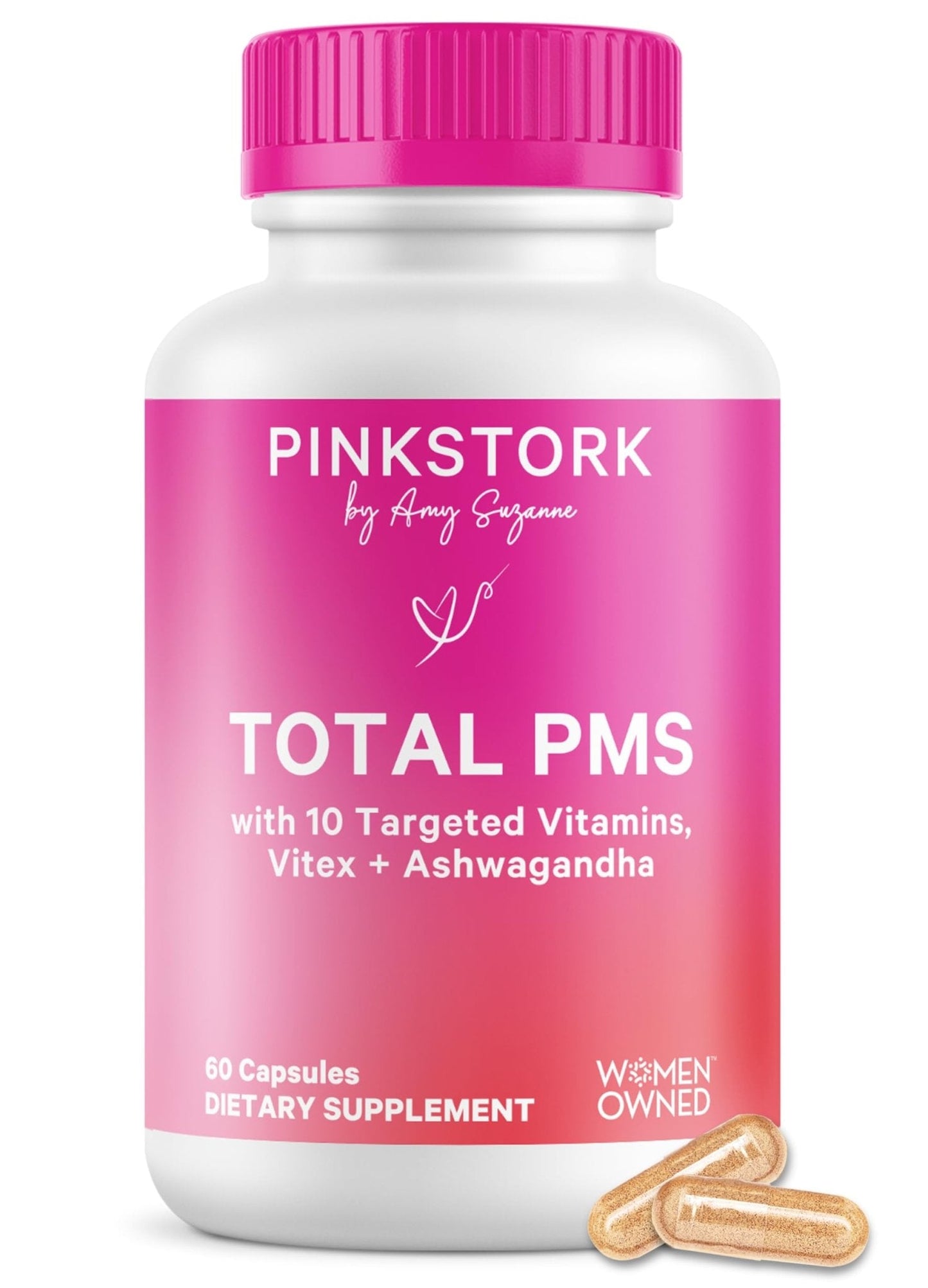 Pink Stork PMS Supplement for Women - Vitex, Ashwagandha, Maca Root & 10 Vitamins & Minerals to Support Hormone Balance, Mood, Bloating, Period Regularity - 60 Capsules - Maple Wellness Supplements