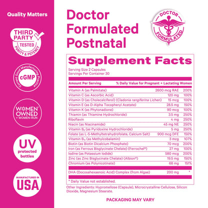 Pink Stork Postnatal Multivitamin + Probiotics with Vegan DHA, Ashwagandha, Iron, Folate, B12 - Supports Hormone Balance, Postpartum Recovery, Gut Health, & Digestion - Pack of 2 - Maple Wellness Supplements