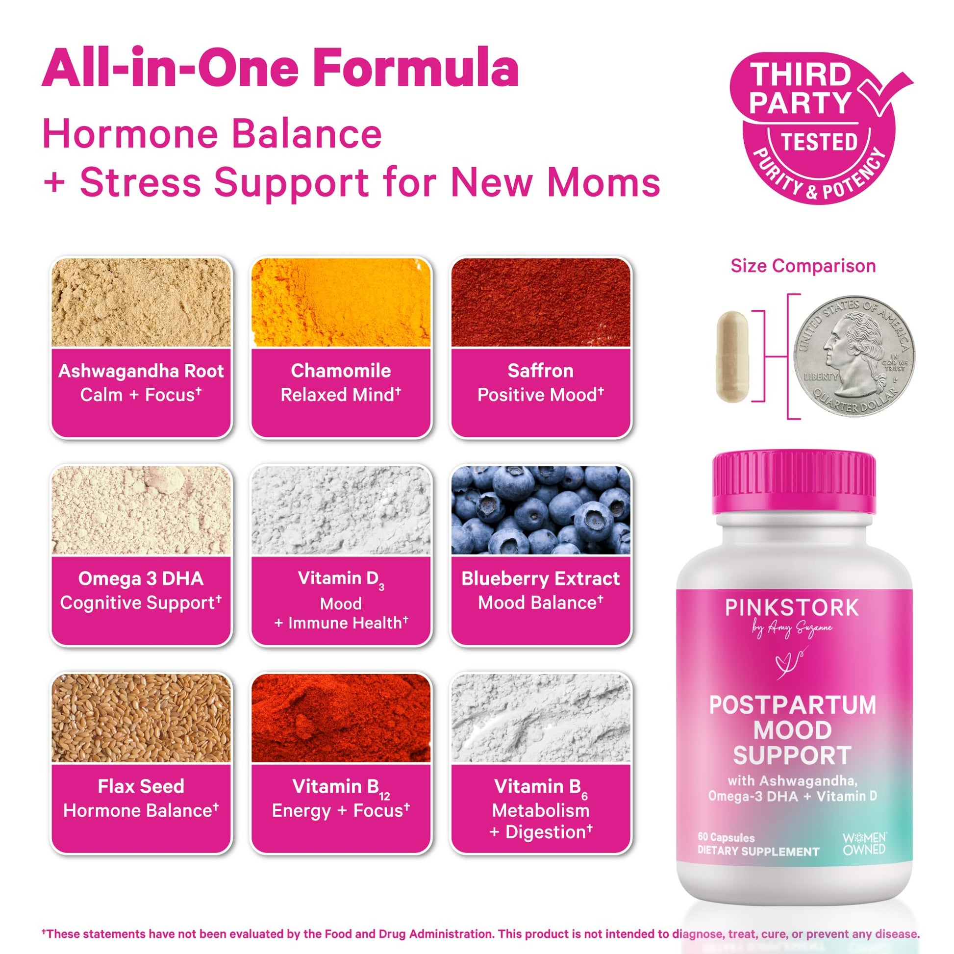 Pink Stork Postpartum Mood Support - Postnatal Hormone Balance for Women - Breastfeeding Friendly - Stress & Cognitive Support, New Mom Essentials - Ashwagandha, Chamomile, & Vitamin D, 60 Capsules - Maple Wellness Supplements