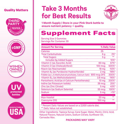 Pink Stork Premium Fertility Gummies | Fertility Supplements for Women with CoQ10, Myo-Inositol + Prenatal Vitamins | Conception Support | Hormone Balance for Women, Ovarian Care - 60 Gummies - Maple Wellness Supplements