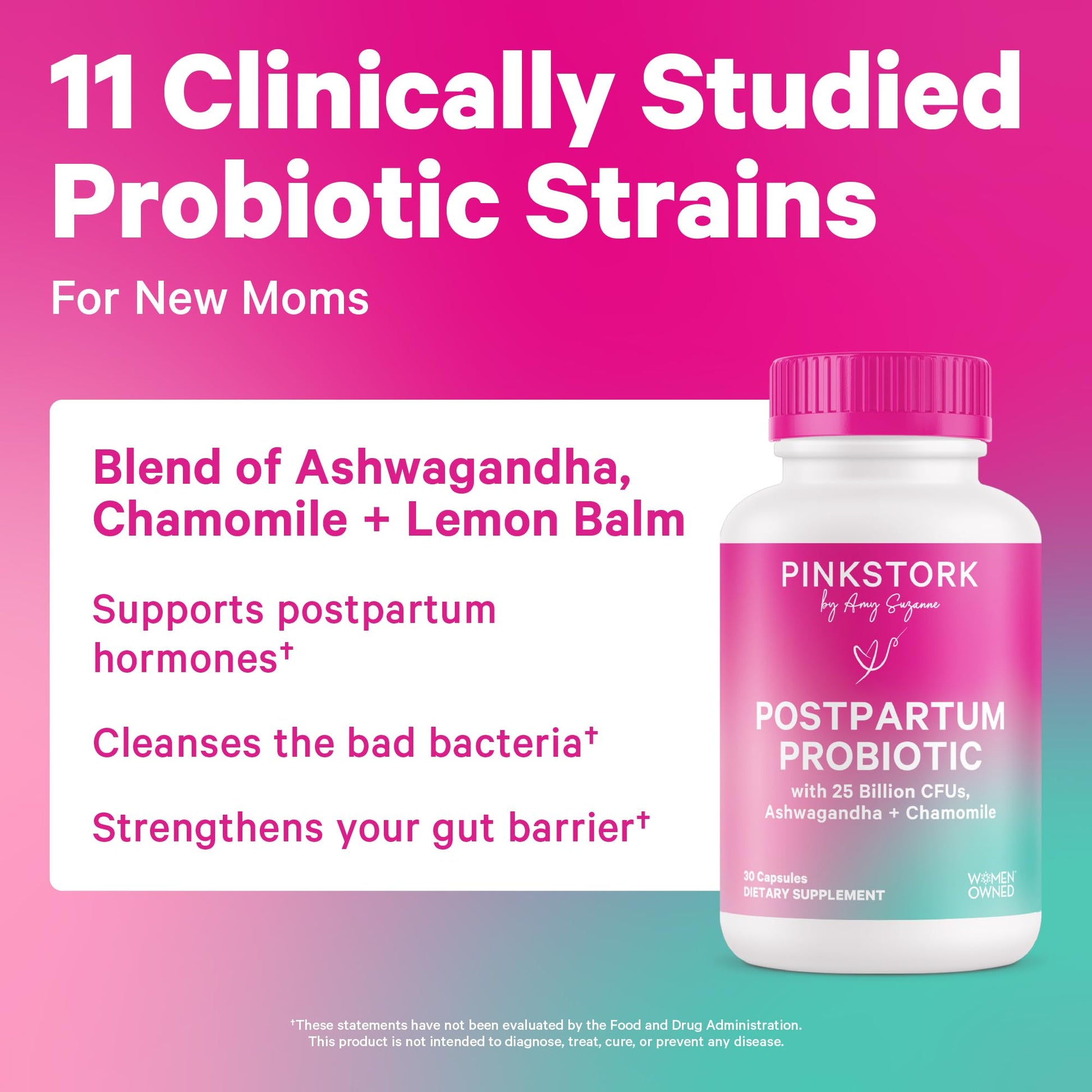 Pink Stork Probiotics for Postnatal Women - 30 Billion CFUS with Ashwagandha and Chamomile, Postpartum Essentials for Hormone Balance, Mood Support, Gut Health, Digestive Wellness, 30 Capsules - Maple Wellness Supplements