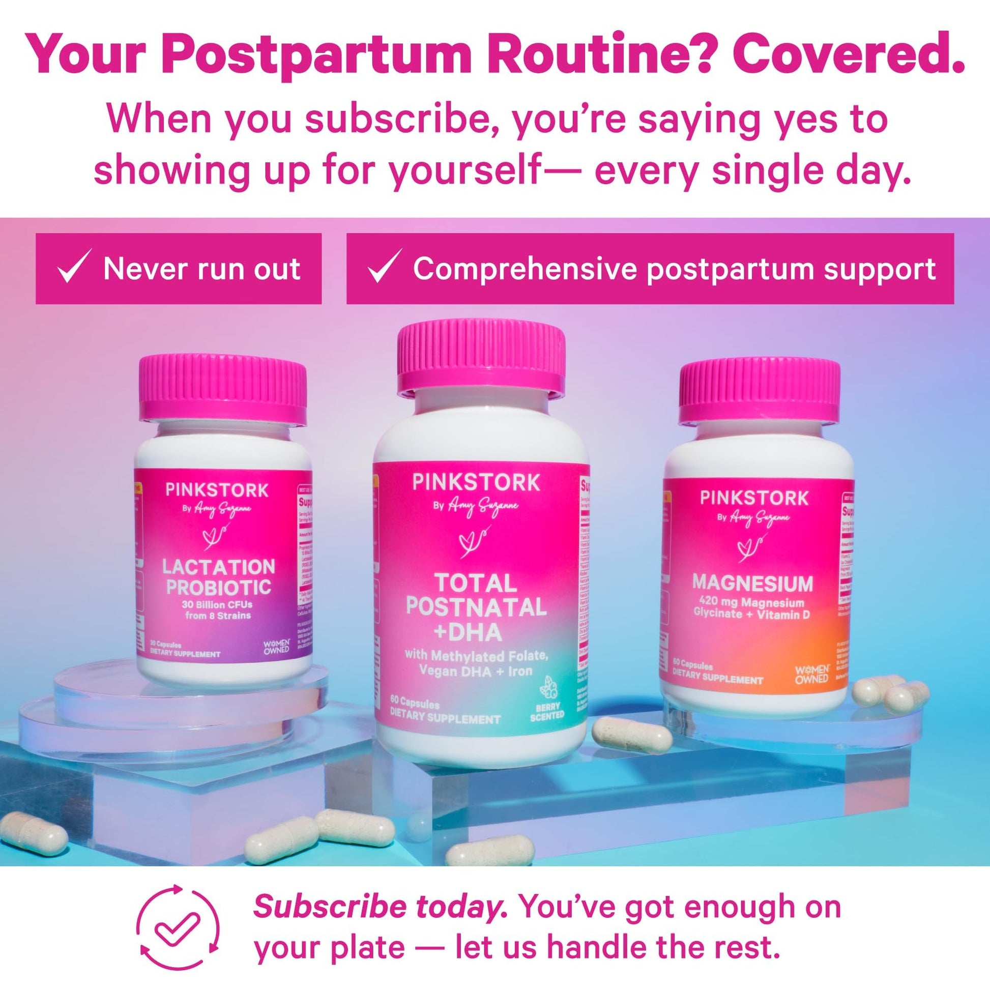 Pink Stork Total Postnatal Vitamins for Women | Vegan DHA, Iron, Folate, B12 | Postpartum Recovery Essentials | Lactation Support for Breastfeeding Moms - Maple Wellness Supplements