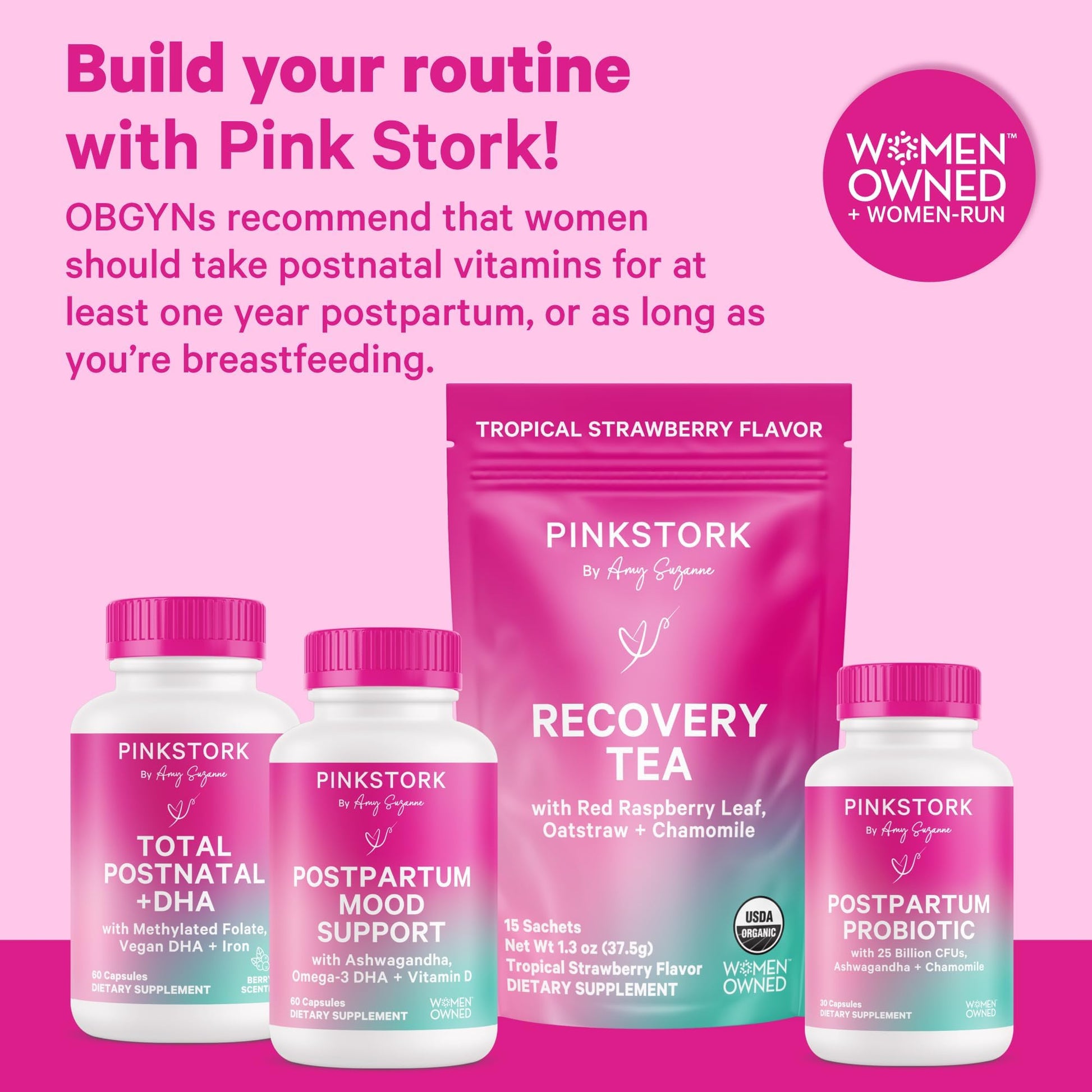Pink Stork Total Postnatal Vitamins for Women | Vegan DHA, Iron, Folate, B12 | Postpartum Recovery Essentials | Lactation Support for Breastfeeding Moms - Maple Wellness Supplements