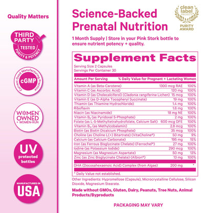 Pink Stork Total Prenatal Vitamins with DHA, Folate, Iron, Choline, and Vitamin B12 - Prenatals for Women to Support Fetal Development, Pregnancy Essentials - Maple Wellness Supplements