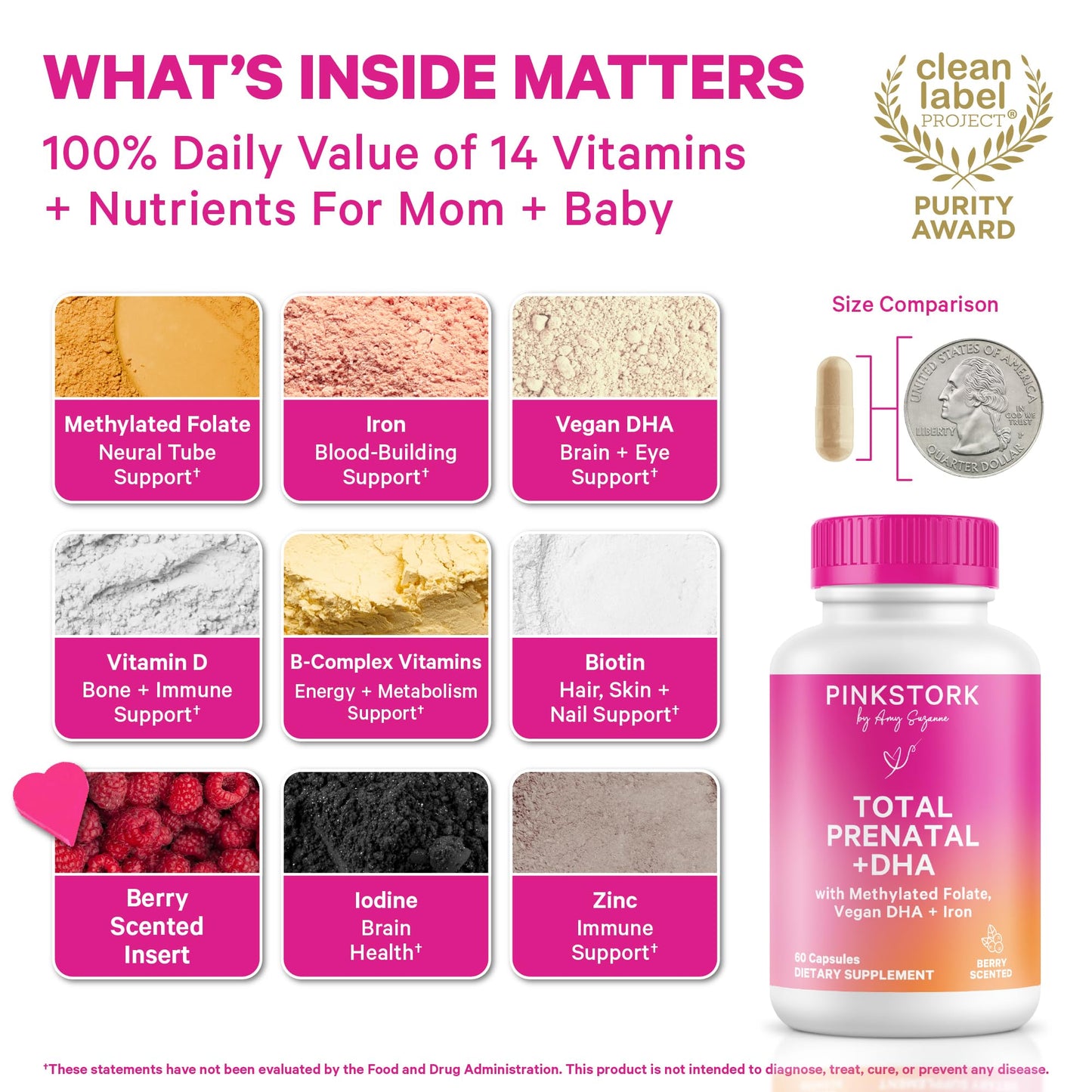 Pink Stork Total Prenatal Vitamins with DHA, Folate, Iron, Choline, and Vitamin B12 - Prenatals for Women to Support Fetal Development, Pregnancy Essentials - Maple Wellness Supplements