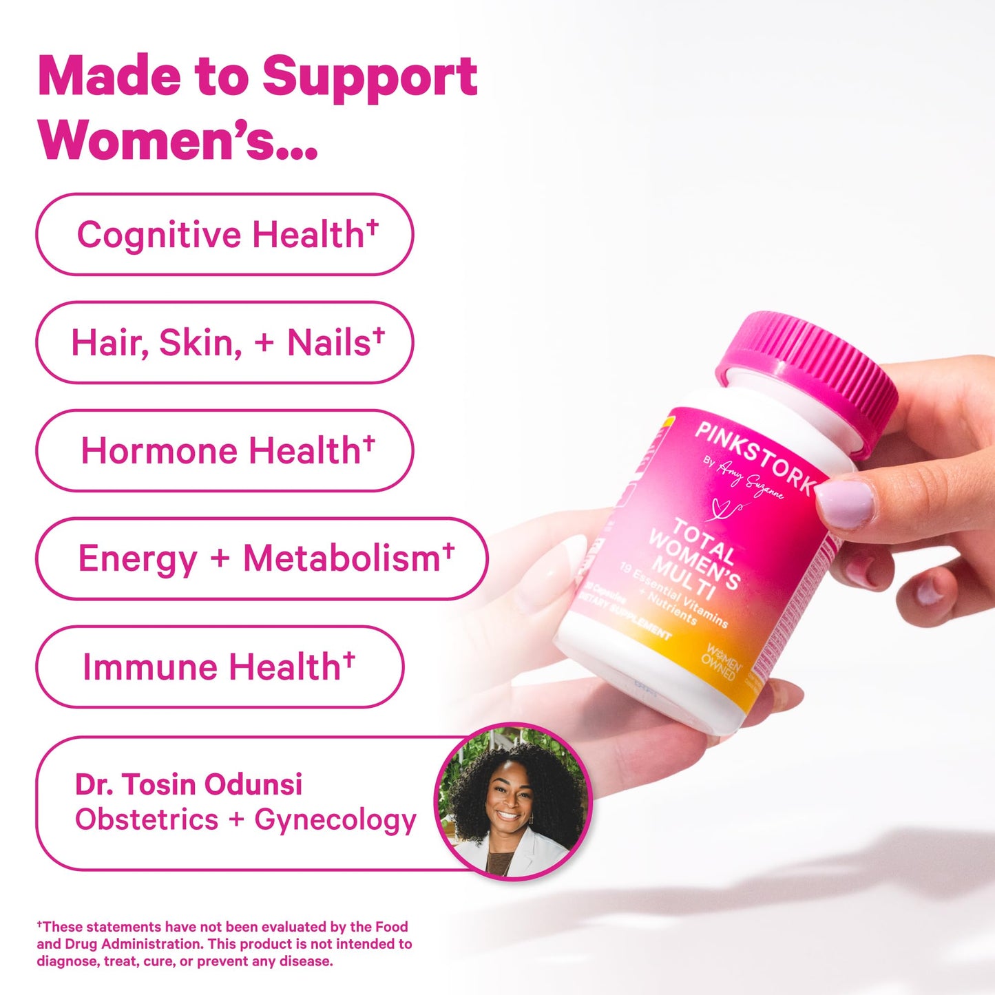 Pink Stork Total Women's Multivitamin - 19 Essential Vitamins for Women & Nutrients – Energy, Metabolism, Hormone, Immune & Mood Support – B6, B12, Biotin, Iron & Zinc – 30 Capsules - Maple Wellness Supplements