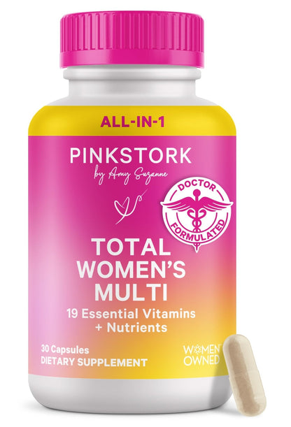 Pink Stork Total Women's Multivitamin - 19 Essential Vitamins for Women & Nutrients – Energy, Metabolism, Hormone, Immune & Mood Support – B6, B12, Biotin, Iron & Zinc – 30 Capsules - Maple Wellness Supplements