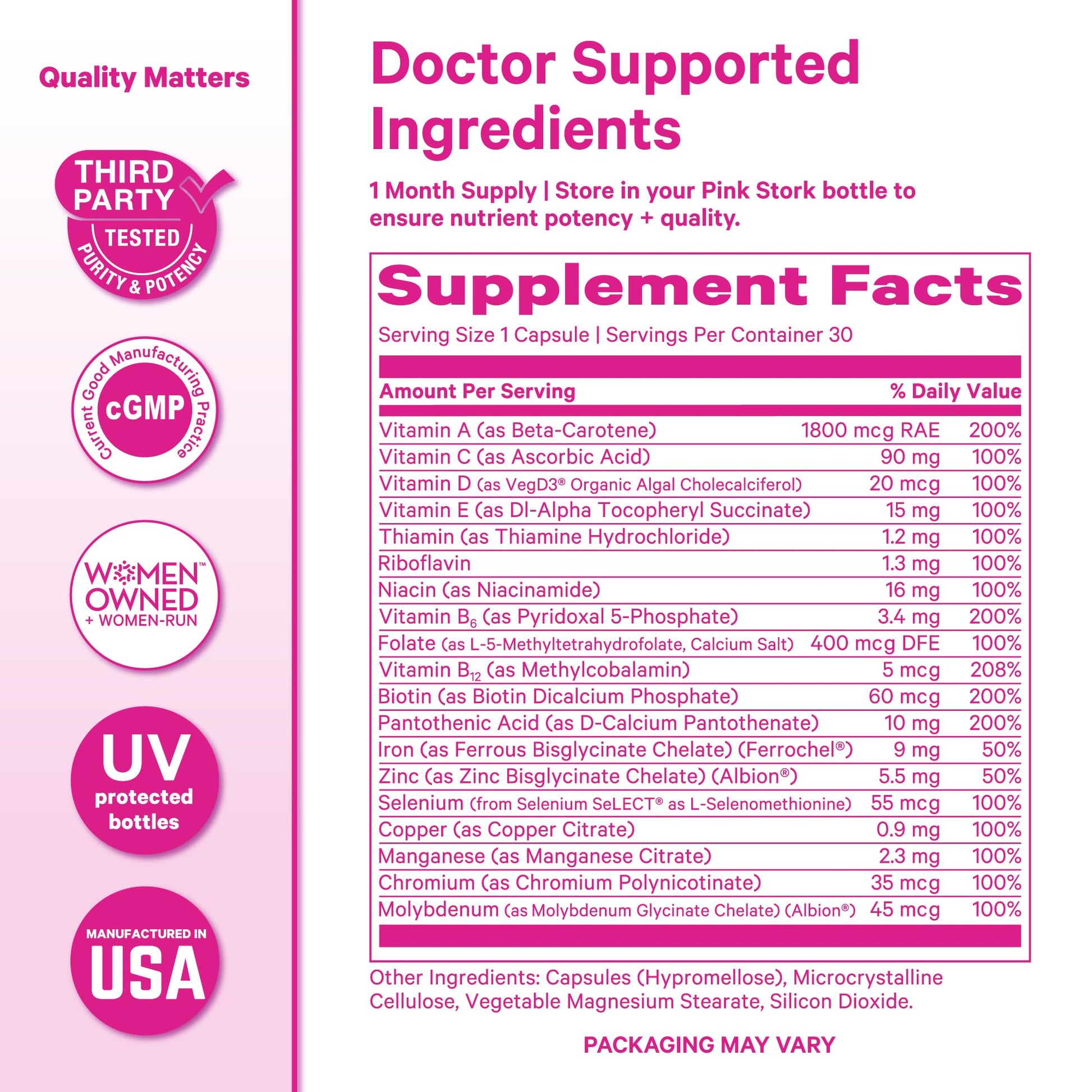 Pink Stork Total Women's Multivitamin - 19 Essential Vitamins for Women & Nutrients – Energy, Metabolism, Hormone, Immune & Mood Support – B6, B12, Biotin, Iron & Zinc – 30 Capsules - Maple Wellness Supplements